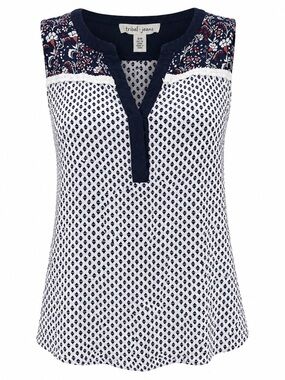 Tribal Jeans Sleeveless Floral Trim Tank Top Medium Navy White